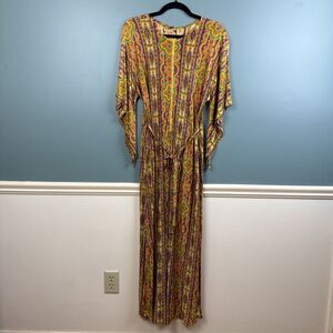 Vintage 70s Psychedelic Women’s Maxi Kaftan Dress Accent Bell Sleeves Belted